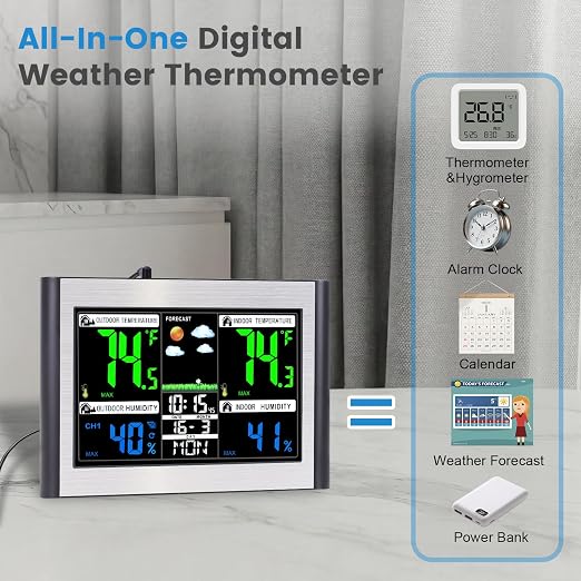 Weather Stations Wireless Indoor Outdoor Thermometer, Color Display Digital - Image 2