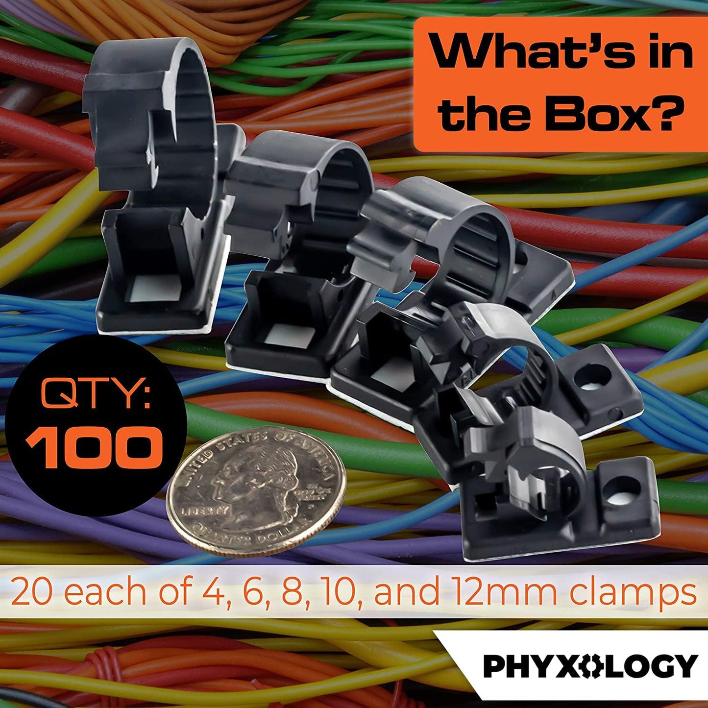 Pro-Grade, Adhesive-Backed Cable Clamps. Multi-Size Set of 20x 4, 6, 8, 10 and 12 mm Black Clips - Wire Management, Cord Organization - Home and Office Tools-Free Install (100 Pk)