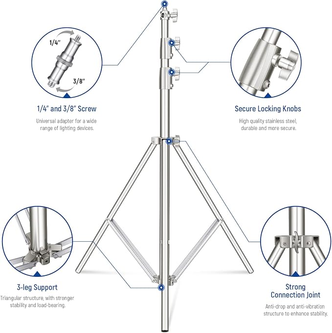 NEEWER 9.2ft/2.8m Stainless Steel Light Stand, Spring Cushioned Heavy Duty - Image 5