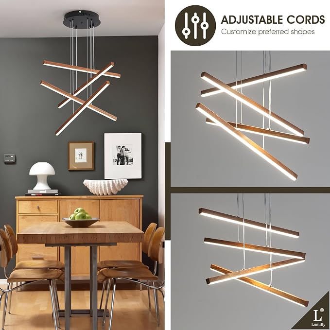 LED Linear Pendant Light for Dining Room Wood Grain Finish 4 Light LED - Image 5
