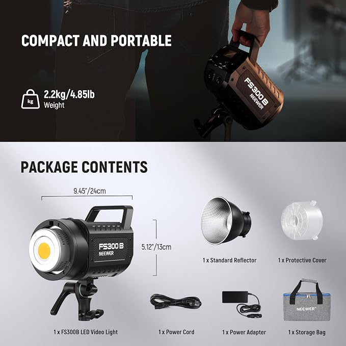 NEEWER FS300B 300W LED Studio Video Light, Bi Color COB Continuous Lighting - Image 9