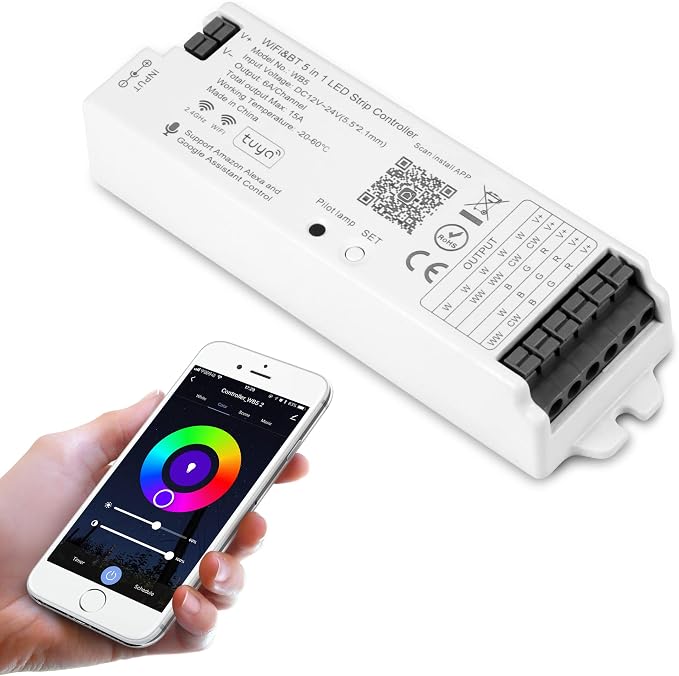 WB5 RF WiFi Bluetooth LED Strip Controller RGB CCT RGBW 5in1 Dimmable Compatible by XXK