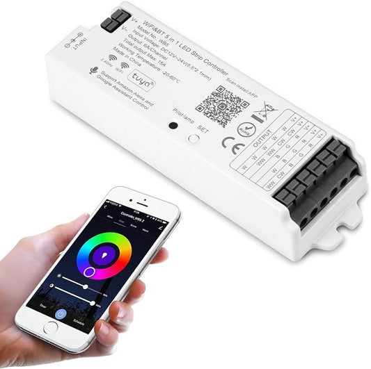 WB5 RF WiFi Bluetooth LED Strip Controller RGB CCT RGBW 5in1 Dimmable Compatible by XXK