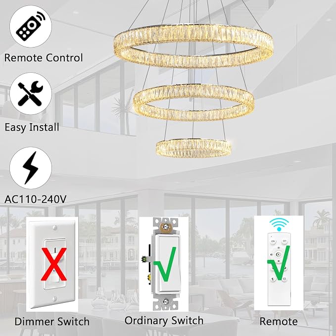 HAIXIANG Modern Glam Chandelier Crystal LED Remote Rings Chandelier Adjustable - Image 6