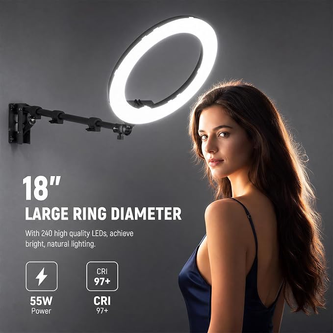 18 Inch Ring Light with Wall Mount Stand, Bi-Color LCD Display 55W 3000-5800K - Image 3