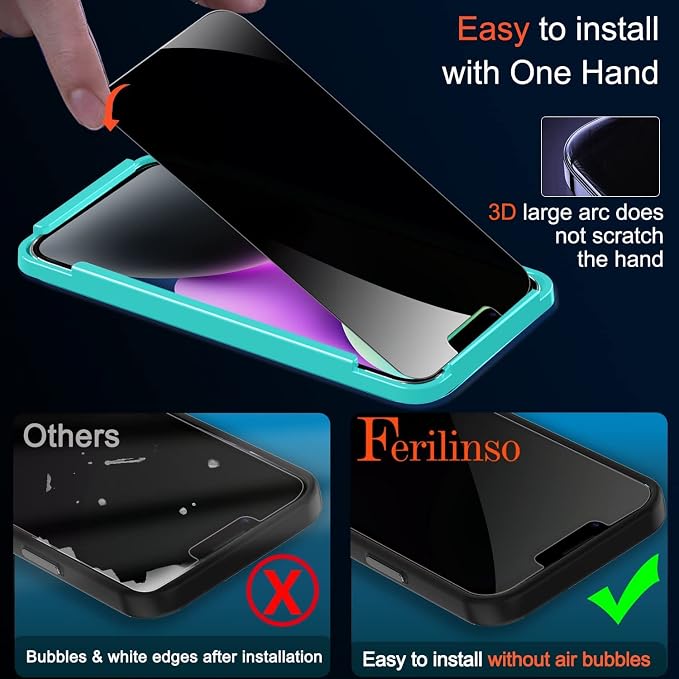 Ferilinso for iPhone 13/14 Privacy Screen Protector 2 Pack 9H Anti Spy Tempered - Image 6