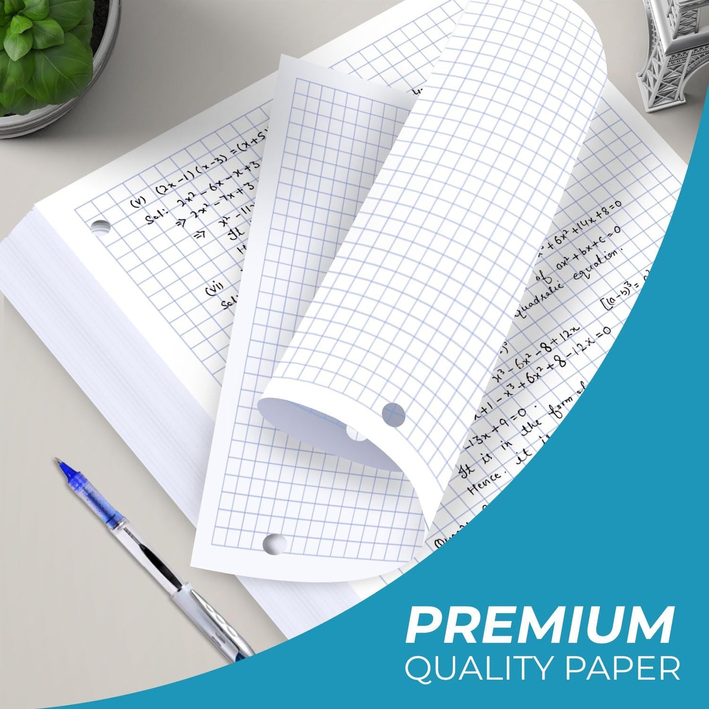 6 Pack Graph Paper, 900 Sheets, 4x4 Loose Leaf Paper, 8" x 10.5", 3 Hole Punched for Binders, Grid Paper, 54 GSM Thick Graphing Paper, Quad Ruled Paper, Notebook Paper for School & College