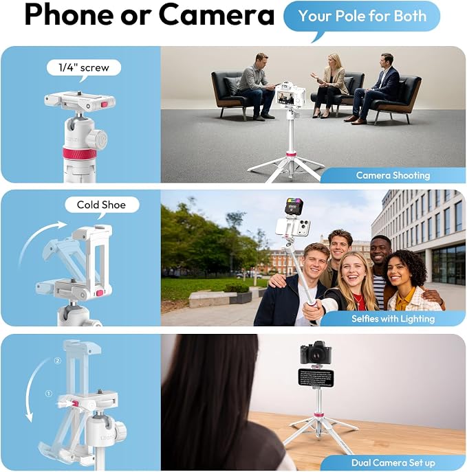 ULANZI MT-44B Phone Tripod, 360° Ball Head, Extendable Selfie Stick w Cold Shoe - Image 3