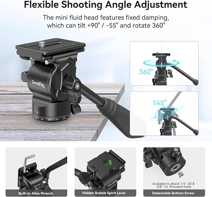 SmallRig CT180 Video Tripod, Aluminum Camera Tripod, 360° Panorama Fluid Head - Image 2