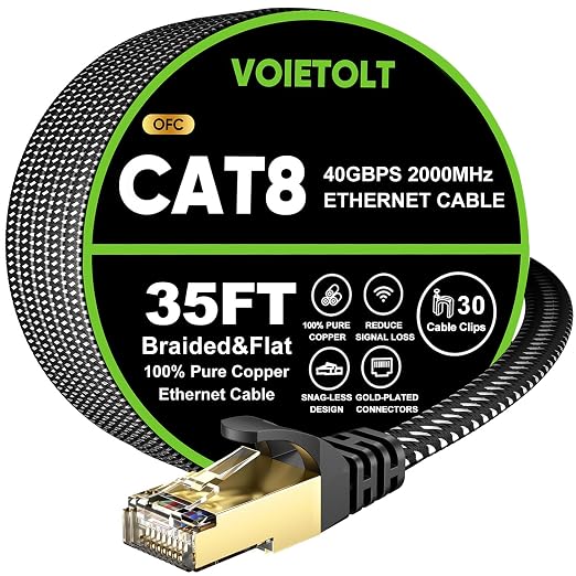 Cat 8 Ethernet Cable 35 FT Flat, High Speed 40Gbps 2000Mhz Braided Internet by EthernetCable