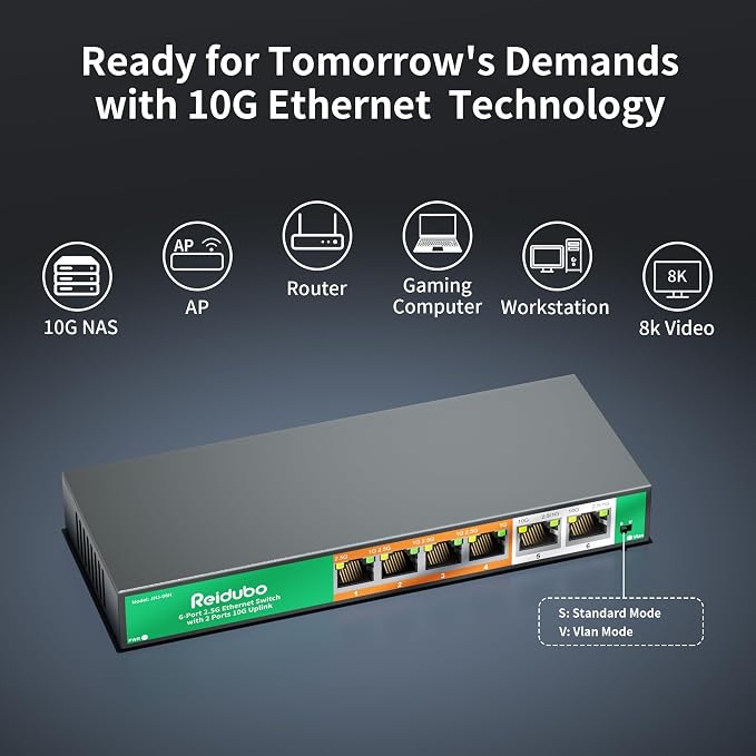 6-Port 10Gb Ethernet Switch Unmanaged, 2 x 10Gb RJ45 Uplink Ports + 4 x 2.5Gb - Image 4