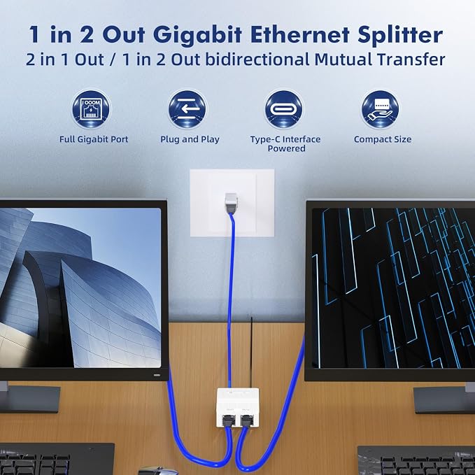 Binardat 1 to 2 Gigabit Network Splitter, 3 Port Gigabit Ethernet Switch - Image 2