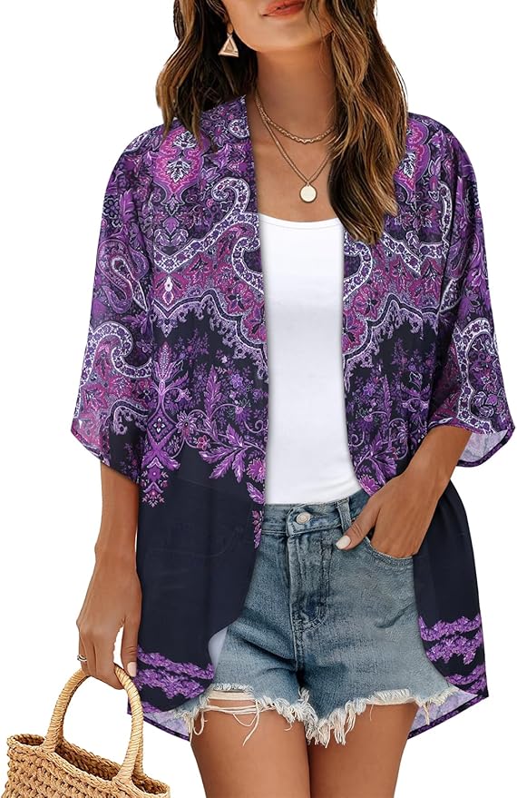 Women's Floral Print Puff Sleeve Kimono Cardigan Loose Cover Up Casual Blouse by CHICGAL