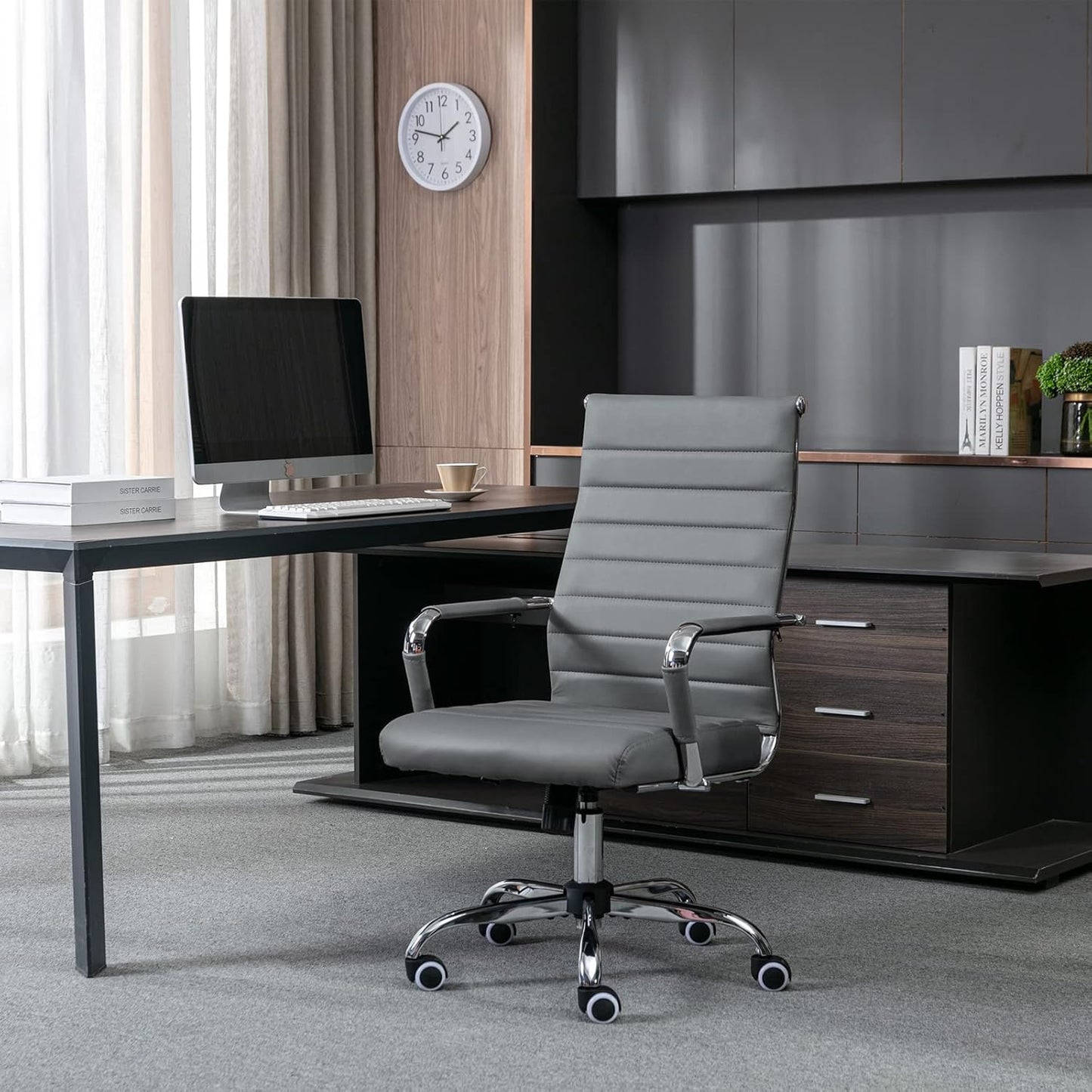 Home Office Chair Ribbed, Modern Leather Conference Room Chairs, Ergonomic Office Desk Chair, High Back Executive Computer Chair, Adjustable Swivel Chair with Arms (Grey)