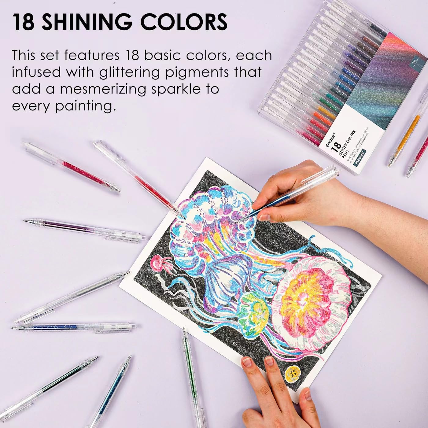 Glitter Gel Pens 18 Colors, Metallic Vibrant Sparkle Gel Pens for Coloring, Retractable Sparkle Glitter Pens for Adults,Colored Gel Pens for Adult Coloring Books and Drawing