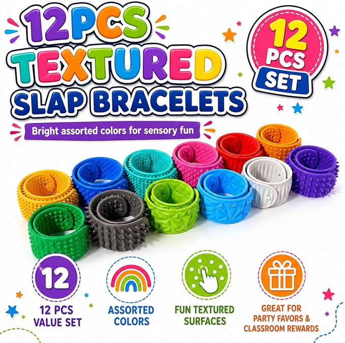 Fidget Toys for Kids Adults: Textured Silicone Slap Bracelets 12 Pack, Sensory - Image 6