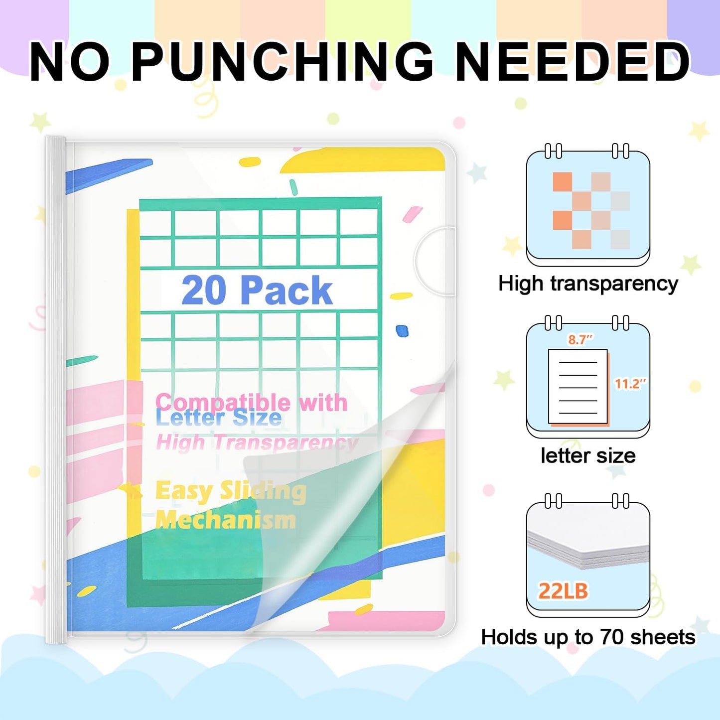 TOTiyea 20 Pack Clear Report Covers with Sliding Bars, 9mm (70 Sheet Capacity) White Sliding Bar File Folders, for Letter Size