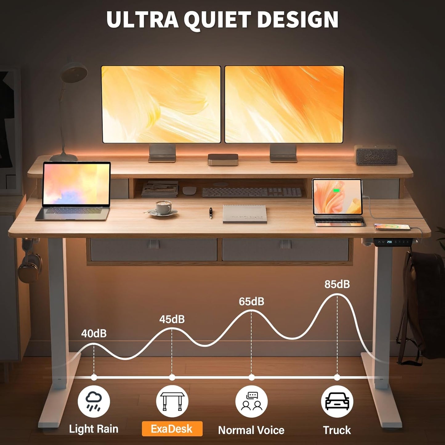 Electric Standing Desk, 63 * 30 Inches Adjustable Height with 4 Drawers, Double Storage Shelves, Home Office Workstation Sit Stand up Desk (Nature)