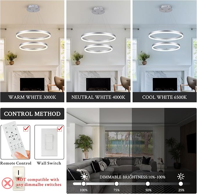 Modern LED Chandelier Silver 2-Rings Pendant Light Circular Flush Mount Ceiling - Image 2