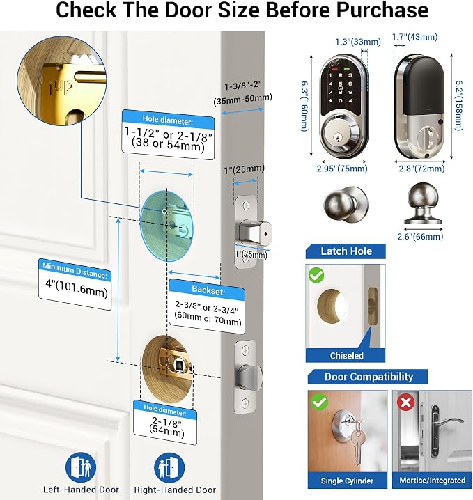Veise RZ06C Smart Locks for Front Door, 2 Knob Handle Set, Keyless Entry - Image 6