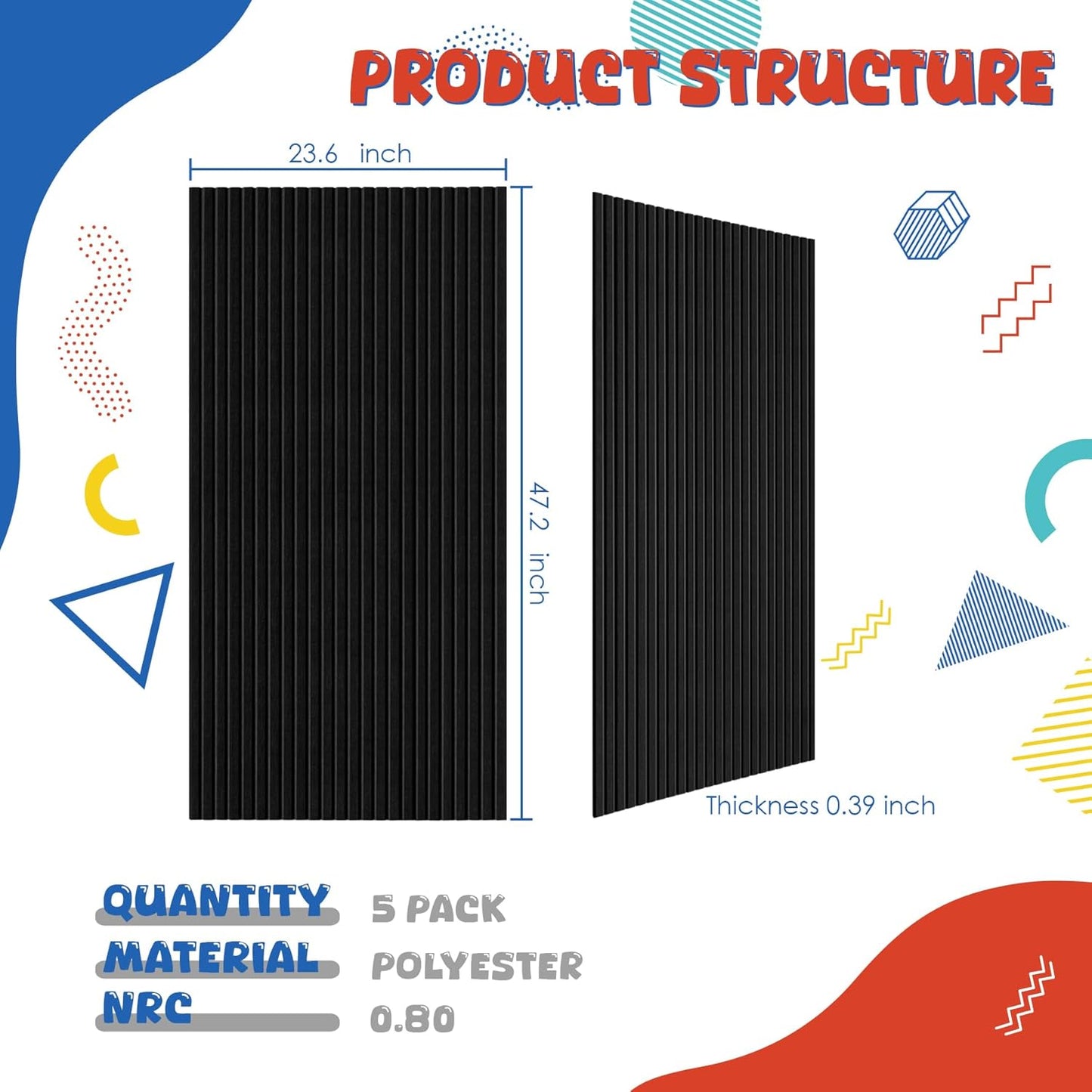 5 Pack Acoustic Panels,47.2x23.6x0.4 inch Acoustic Wall Panels,Large Soundproof Panels,Self-Adhesive Sound Proof panels for Walls,Acoustic Treatment for Recording Studio&Office,Black