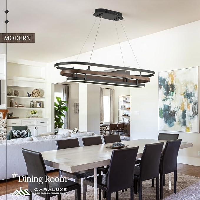 3 Ring LED Chandelier Black Rectangular Chandeliers 39in Wood Printed Oval - Image 2