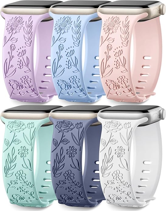 SNBLK 6 Pack Floral Engraved Bands Compatible by SNBLK
