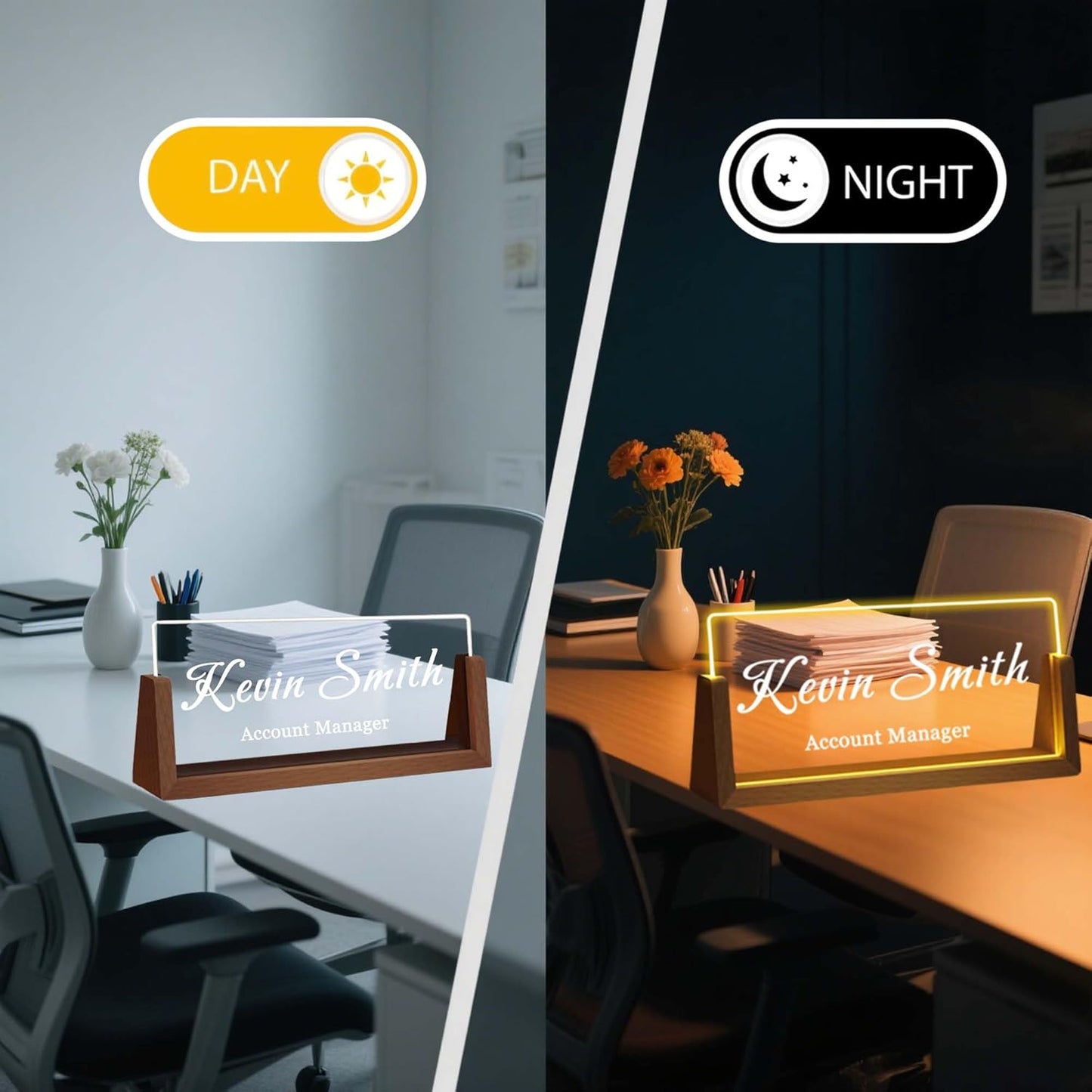 Personalized Desk Name Plate with LED Light & Wooden Base, Custom Acrylic Name Sign | Custom Office Decor & Appreciation Gifts for Boss Coworkers, New Job Promotion Gift (Style 1)