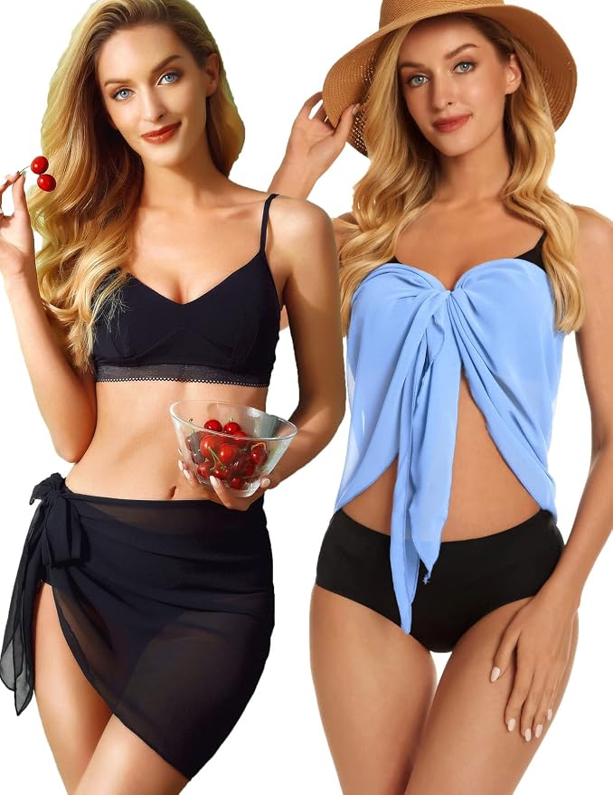 CHICGAL 2 Pieces Women Beach Sarong Bathing Suit Wrap Skirt Sheer Bikini - Image 2