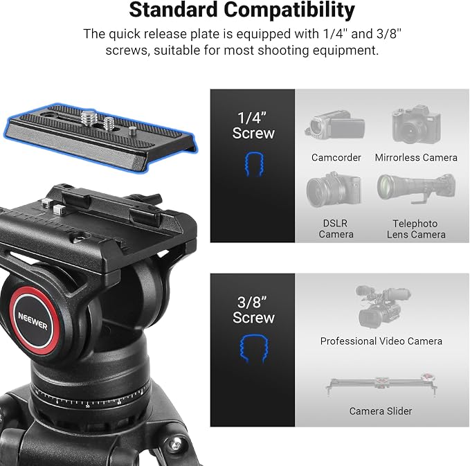 NEEWER 74" Video Tripod with Fluid Head, QR Plate, Aluminum Heavy Duty Camera - Image 5