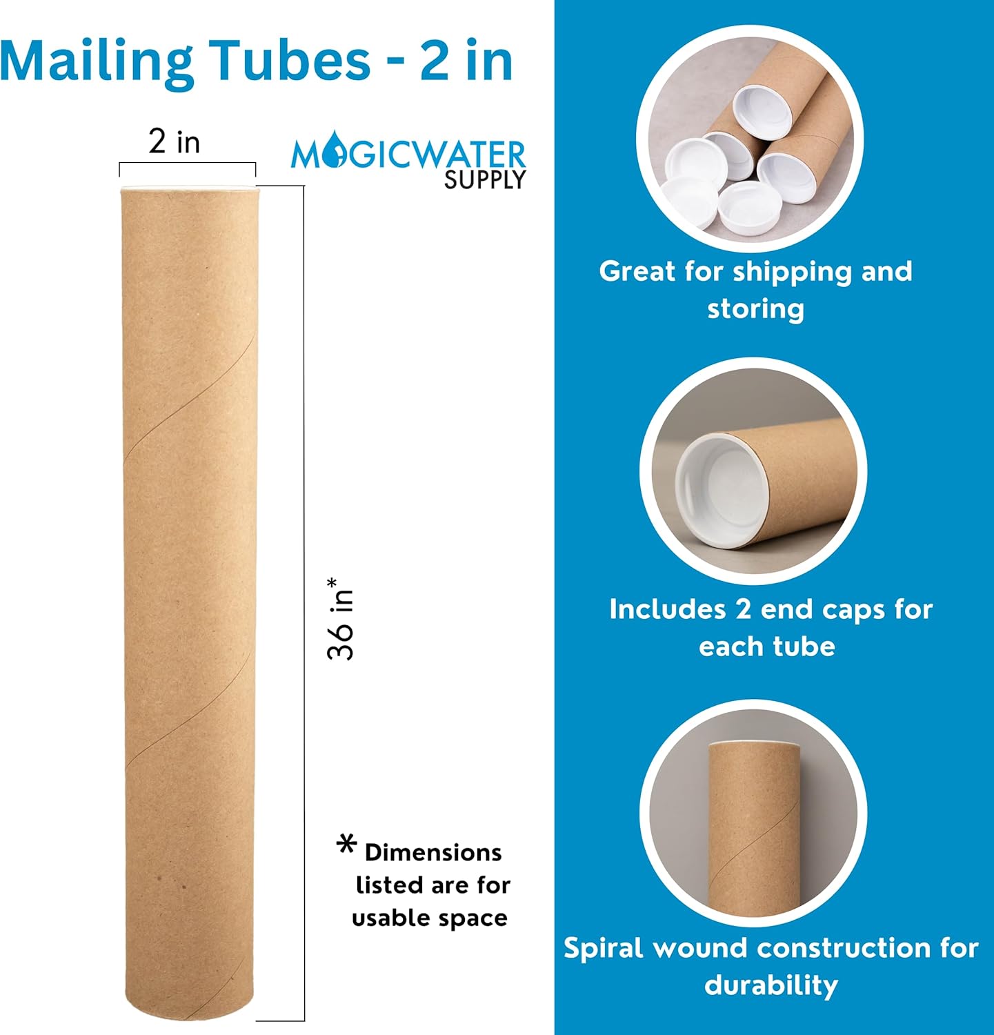 MagicWater Supply Mailing Tube - 2 in x 36 in - Kraft - 4 Pack - for Shipping and Storage of Posters, Arts, Crafts, and Documents