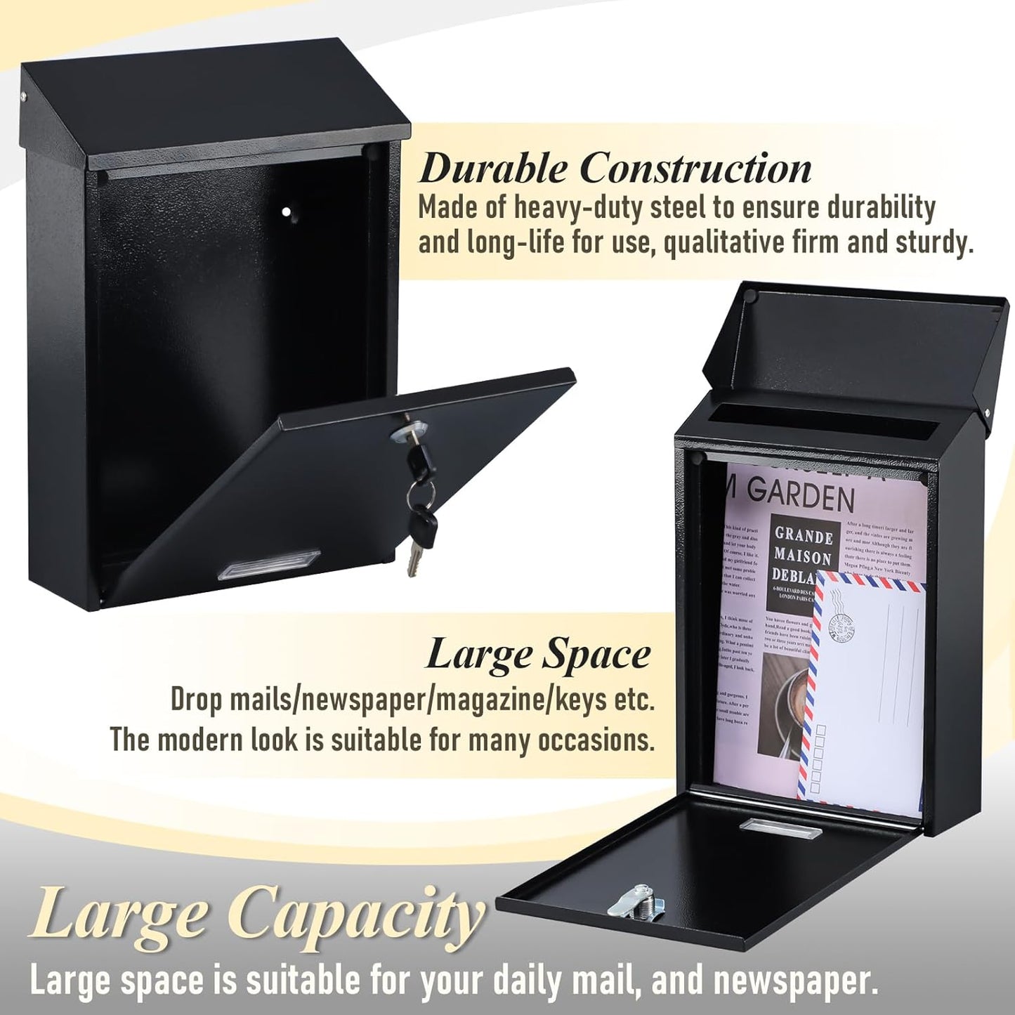 xydled Mail Boxes with Key Lock,Locking Mailbox Wall Mounted,Large Capacity,Steel Cover Metal Postbox for House, Black, 12.34''x8.5''x3''