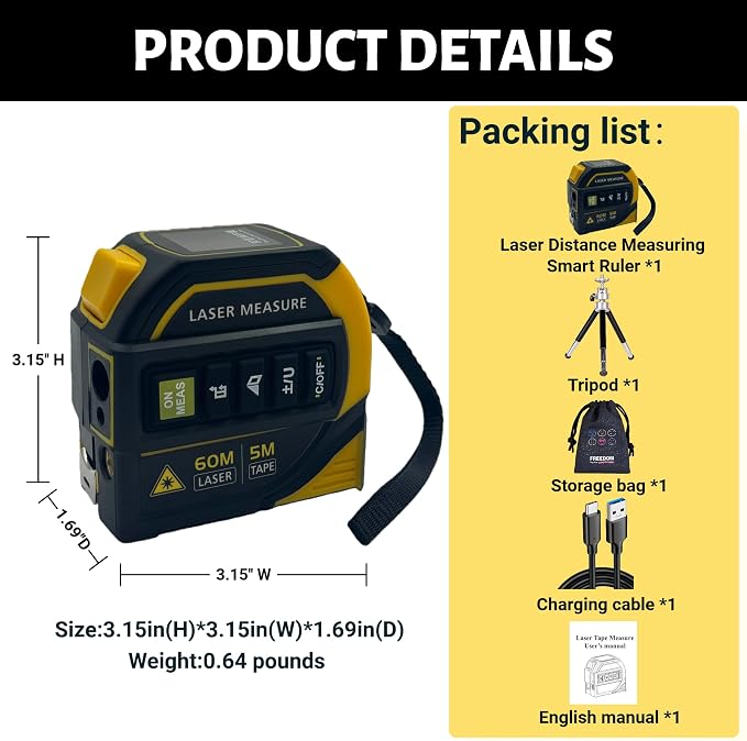 4-in-1 Laser Tape Measure with Level, 16Ft Ruler, 197Ft Laser | Almighty - Image 8