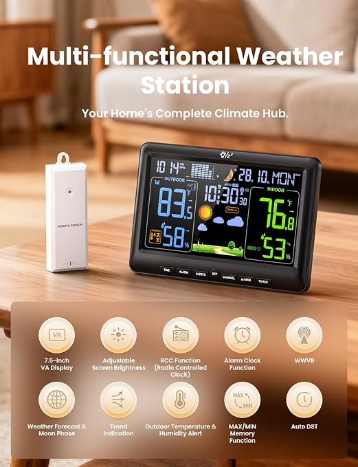 LIORQUE Weather Stations Indoor Outdoor Thermometer Wireless, Atomic Clock - Image 2