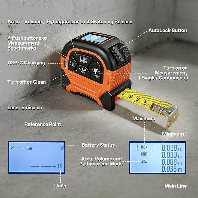 2-in-1 Laser Tape Measure, 197Ft Laser Measuring Tool & 16Ft Measuring Tape - Image 8