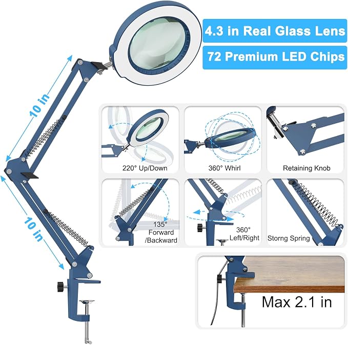 10X Magnifying Glass with Light and Clamp, Real Glass Stand Lighted Magnifier - Image 5