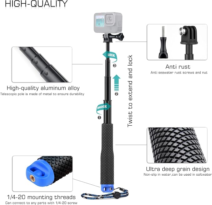 GEPULY 7''-23''Waterproof Pole Selfie Stick Pocket Size Underwater Handle Grip - Image 3