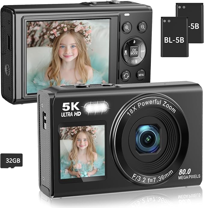 5K Digital Camera for Photography, 80MP Dual Screen Vlogging Camera for YouTube by Saneen
