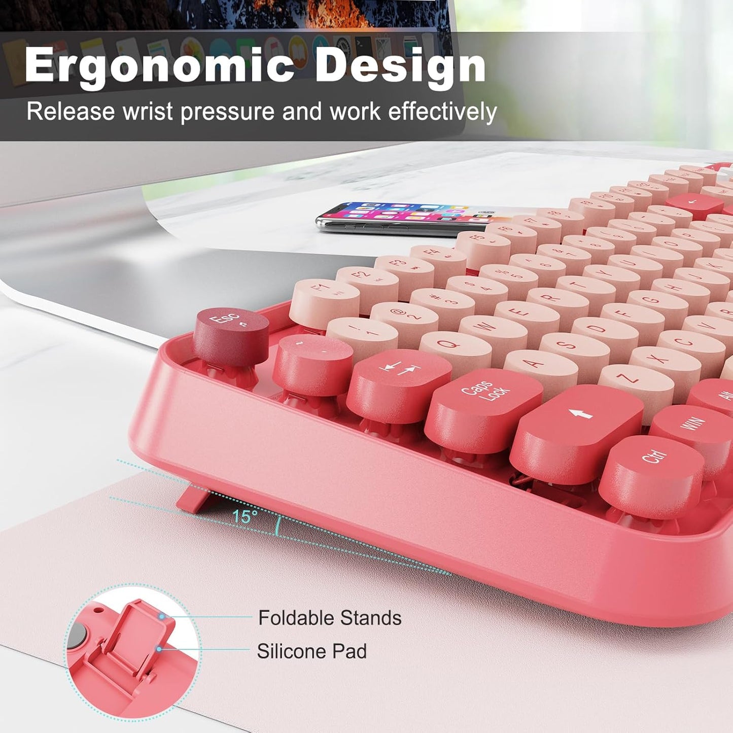 Wireless Keyboard and Mouse Combo, 2.4 GHz Wireless Full-Sized Typewriter Keyboard with Round Keycaps for Windows, Computer, Desktop, PC, Laptop (BerryPink)
