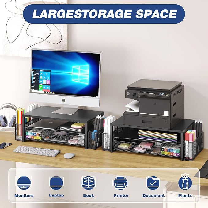 OPNICE Desk Organizer and Accessories, Dual Computer Monitor Stand Riser - Image 3