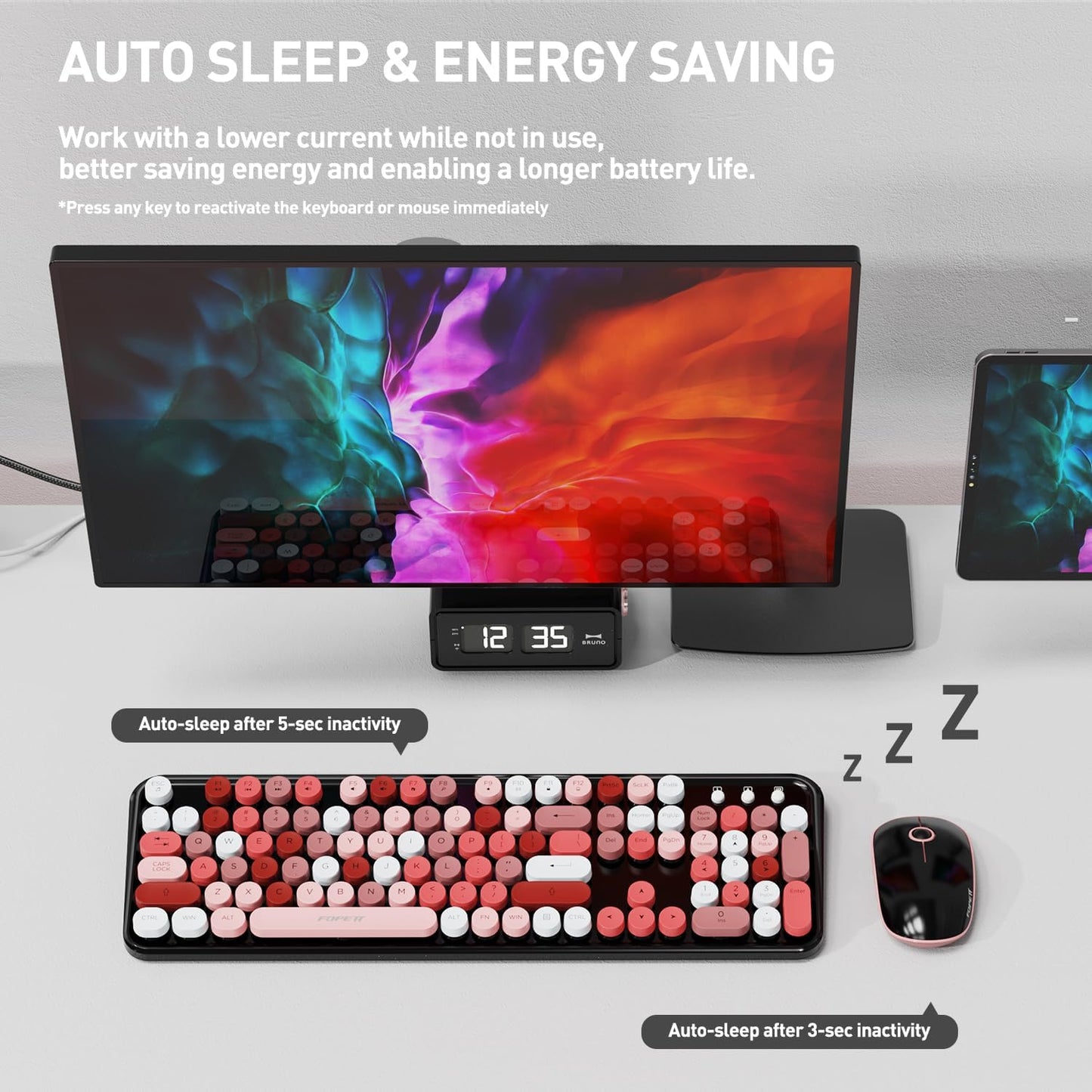 Keyboard and Mouse Wireless,Cute Retro Wireless Keyboard Mouse Combo with Round Key,2.4Ghz Dropout-Free Connection,Typewriter Wireless Keyboard Mouse Set for PC Laptop Desktop Computer-Black Colorful