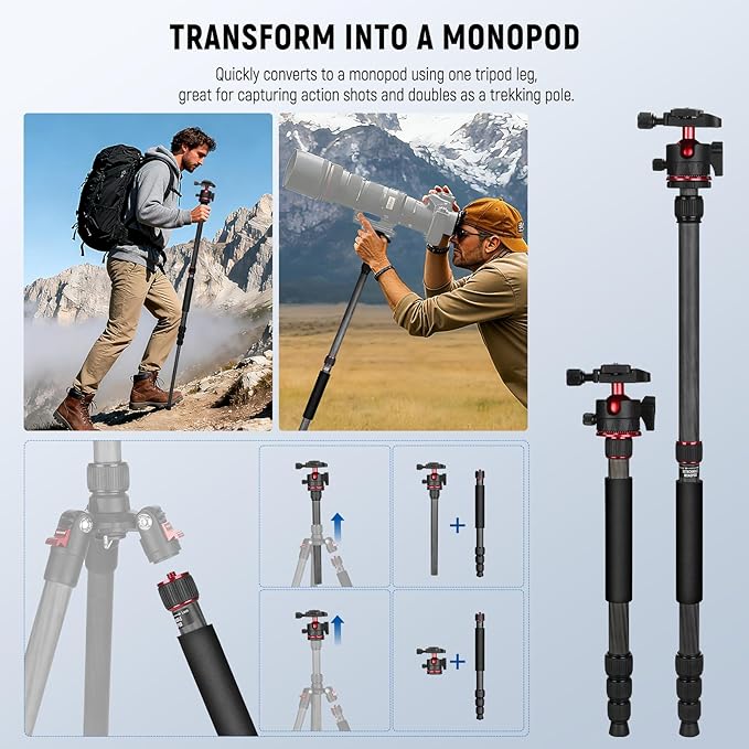 NEEWER Basics Carbon Fiber Travel Tripod Monopod, Arca Type Ball Head, Max Load - Image 6