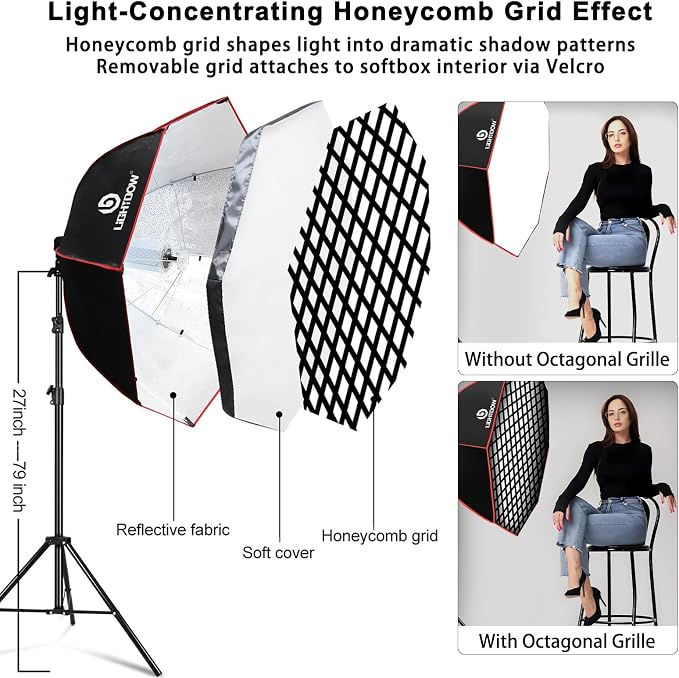 Light Box Photography Lighting Kit:2-Pack 37" Octa Softbox, Honeycomb Grid - Image 4
