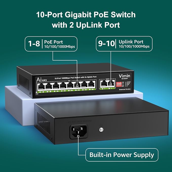 10-Port Gigabit PoE Switch, VIMIN 8-Port Unmanaged 10/100/1000Mbps Network PoE - Image 2