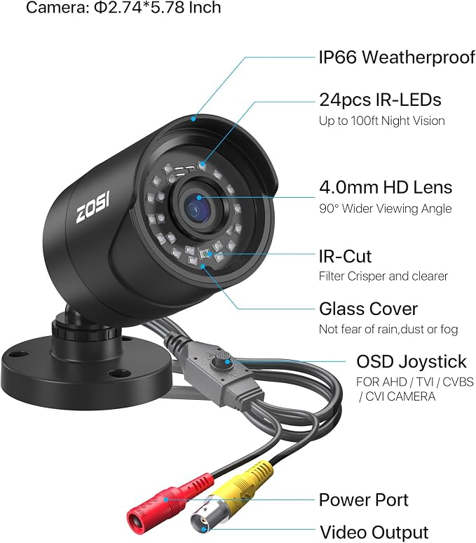 ZOSI 2MP 1080p HD Home Security Camera Outdoor Indoor, 1920TVL Bullet Camera - Image 7