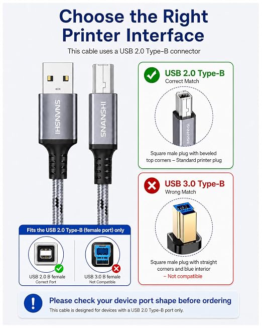 SNANSHI USB Printer Cable 6ft, Nylon Braided Printer Cable to USB Stable Wired - Image 6