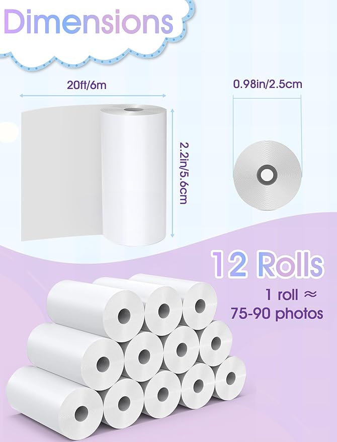 12 Rolls Kids Camera Paper Roll Refill, QIIYNTE Thermal Paper - Image 2