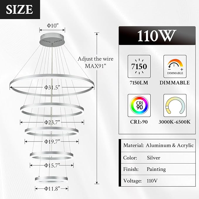 5-Rings D31.5in Modern LED Chandelier Silver Dimmable High Ceiling Chandeliers - Image 3