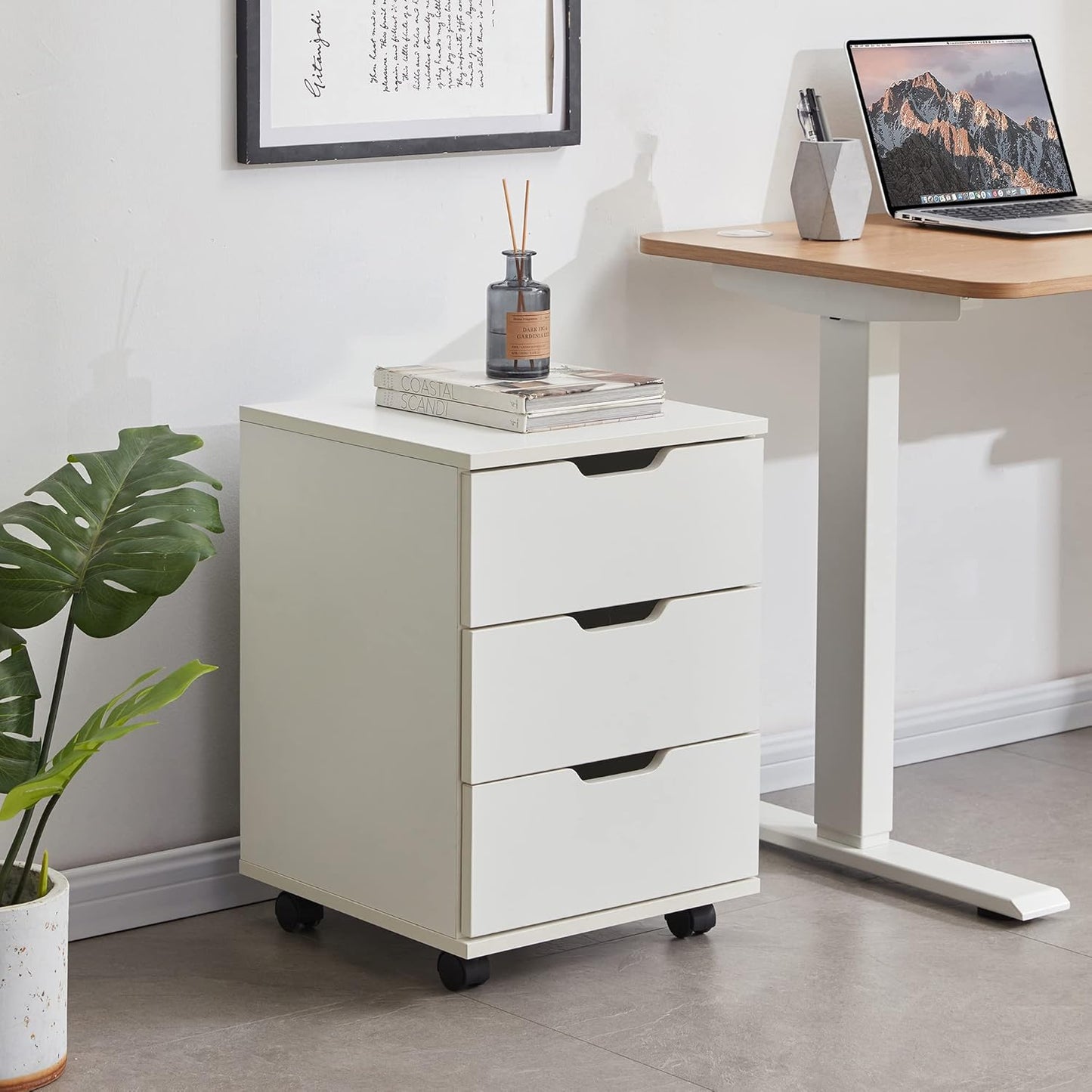 Farini 3-Drawer Vertical Filing Cabinet Rolling Wood Mobile File Cabinets Under Desk for Home Office with Casters (White, Non-Assembled)