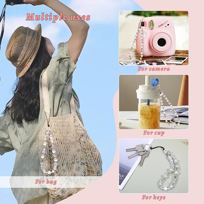 Pink Beaded Phone Wrist Straps, Y2K Phone Case Charms Camera Charm Strap - Image 3